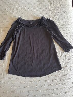 Adiva Black Ruffle-Trim Three-Quarter Sleeve Top